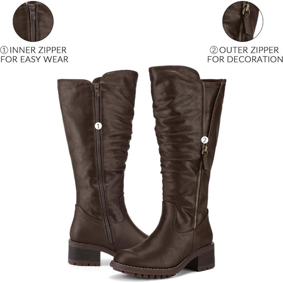 Women's Coffee Mysoft Knee High Boots Chunky Heel Lug Sole Side Zipper 2 Inch - Picture 2 of 8